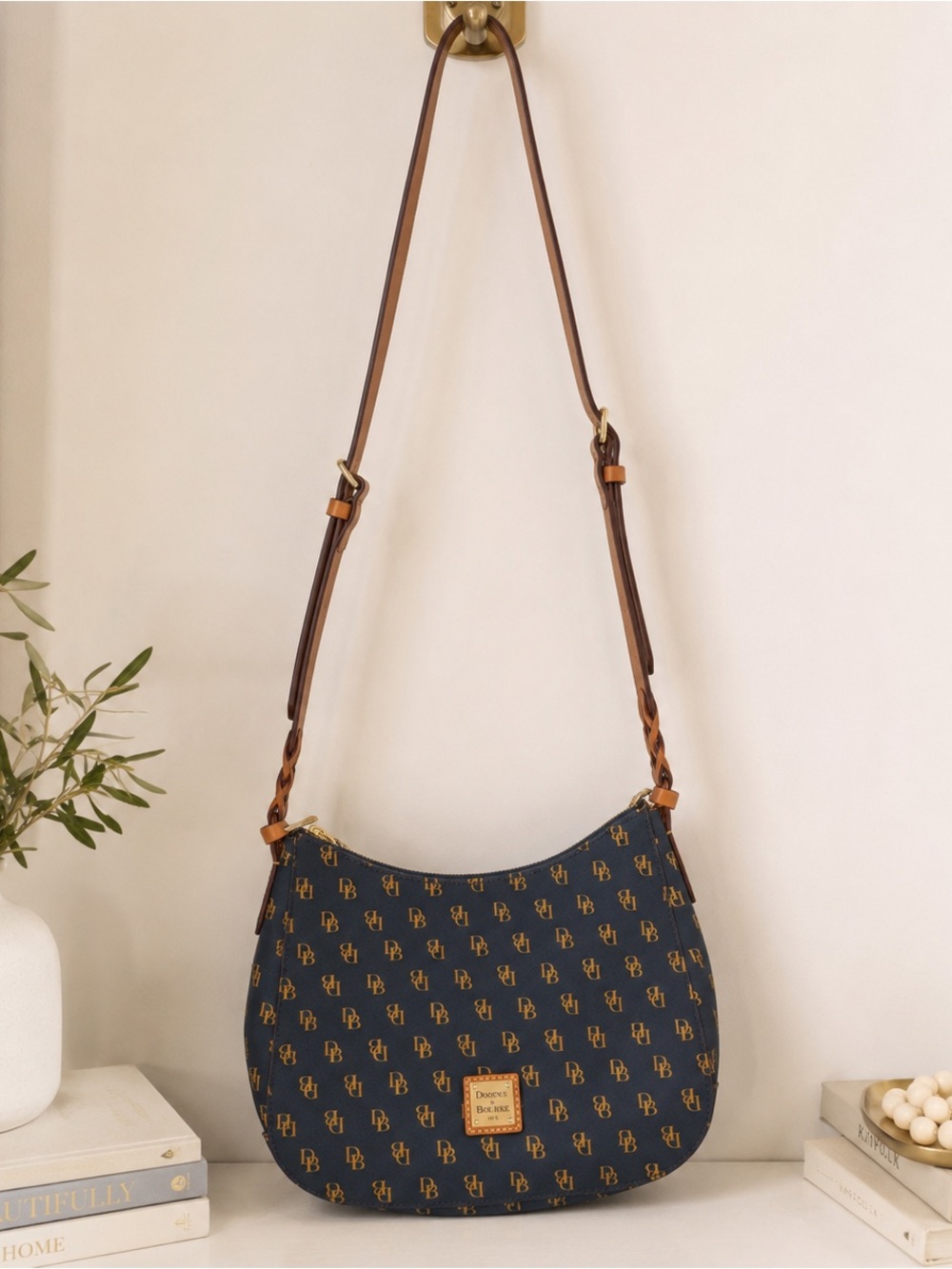 Dooney & Bourke Navy & Tan Signature Crescent Shoulder Bag